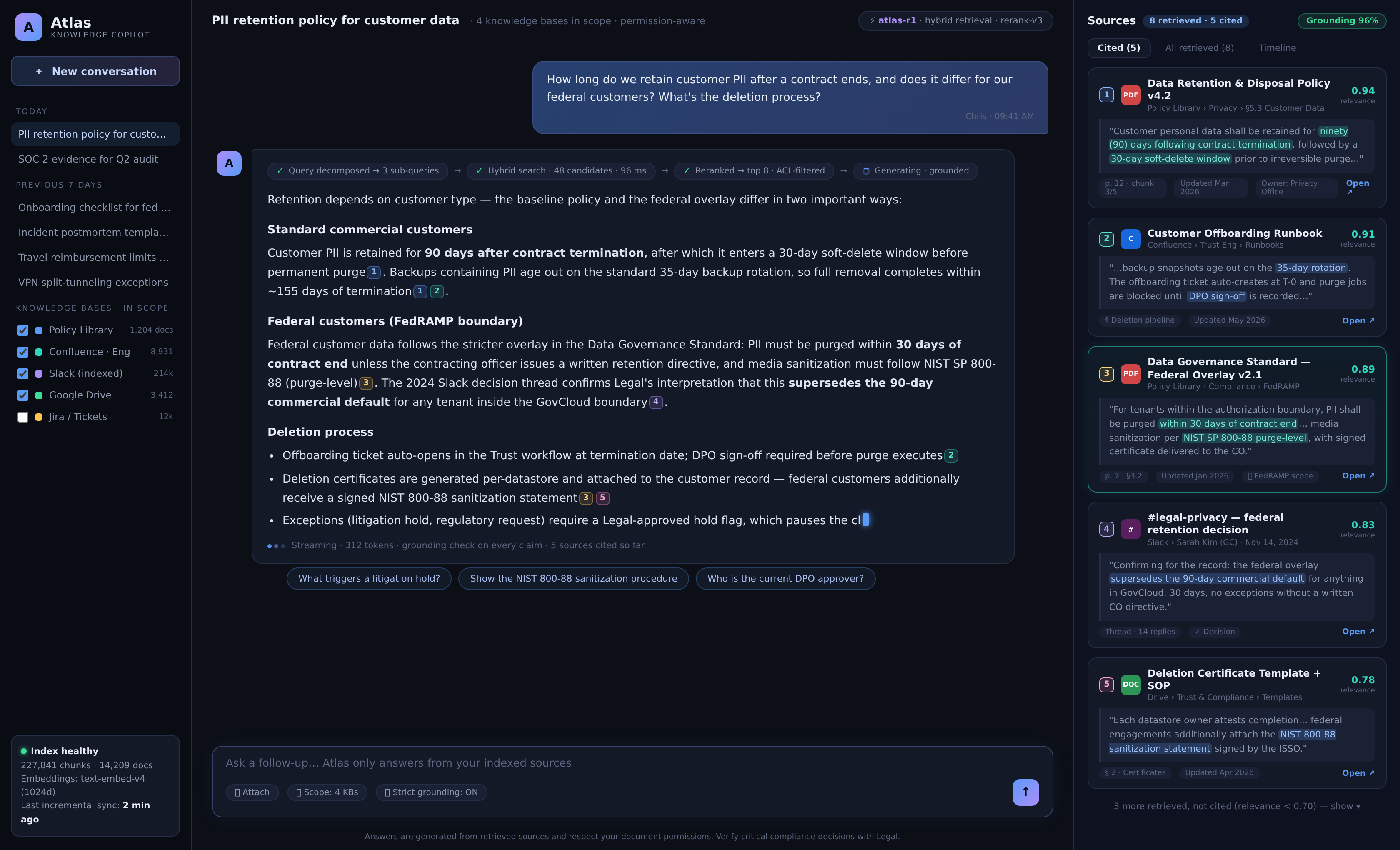 Conversational copilot streaming an answer with retrieved source citations alongside